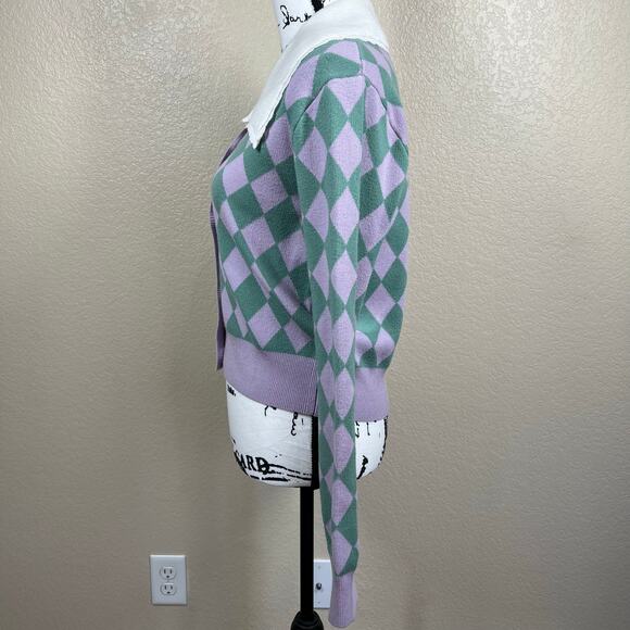 Y.A.S collar detail cardigan in lilac /green checkerboard size M retro academia - Picture 13 of 14
